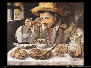 Il mangiatore di fagioli di A. Carracci. rappresentazione di un contadino tra '500 e '600.