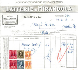 Fattura datata 1955 delle "Latterie di Mirandola" deposito di Bologna