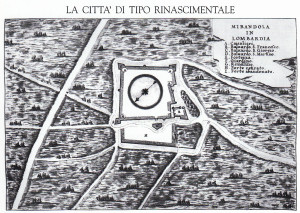 Disegno a penna,colorato, in:Francesco De Marchi (1504-1577) "Piante di città e fortezze italiane", ms.cartaceo11.1291,carta 64. Biblioteca Nazionale di Firenze.