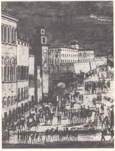 Olio su tavola del 1799. Si distinguono le mura e il fossato della Cittadella sulla piazza con il balcone e l'antichissimo ponte