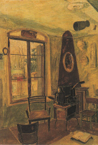 Un angolo del suo studio di grafico in via Ganaceto a Modena, dipinto nel 1952