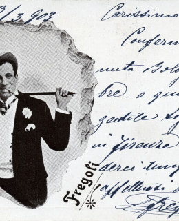 Cartolina di Fregoli inviata all’amico Arturo Frassineti nella quale conferma la sua venuta a Bologna a settembre (Livorno, 3 marzo 1903).