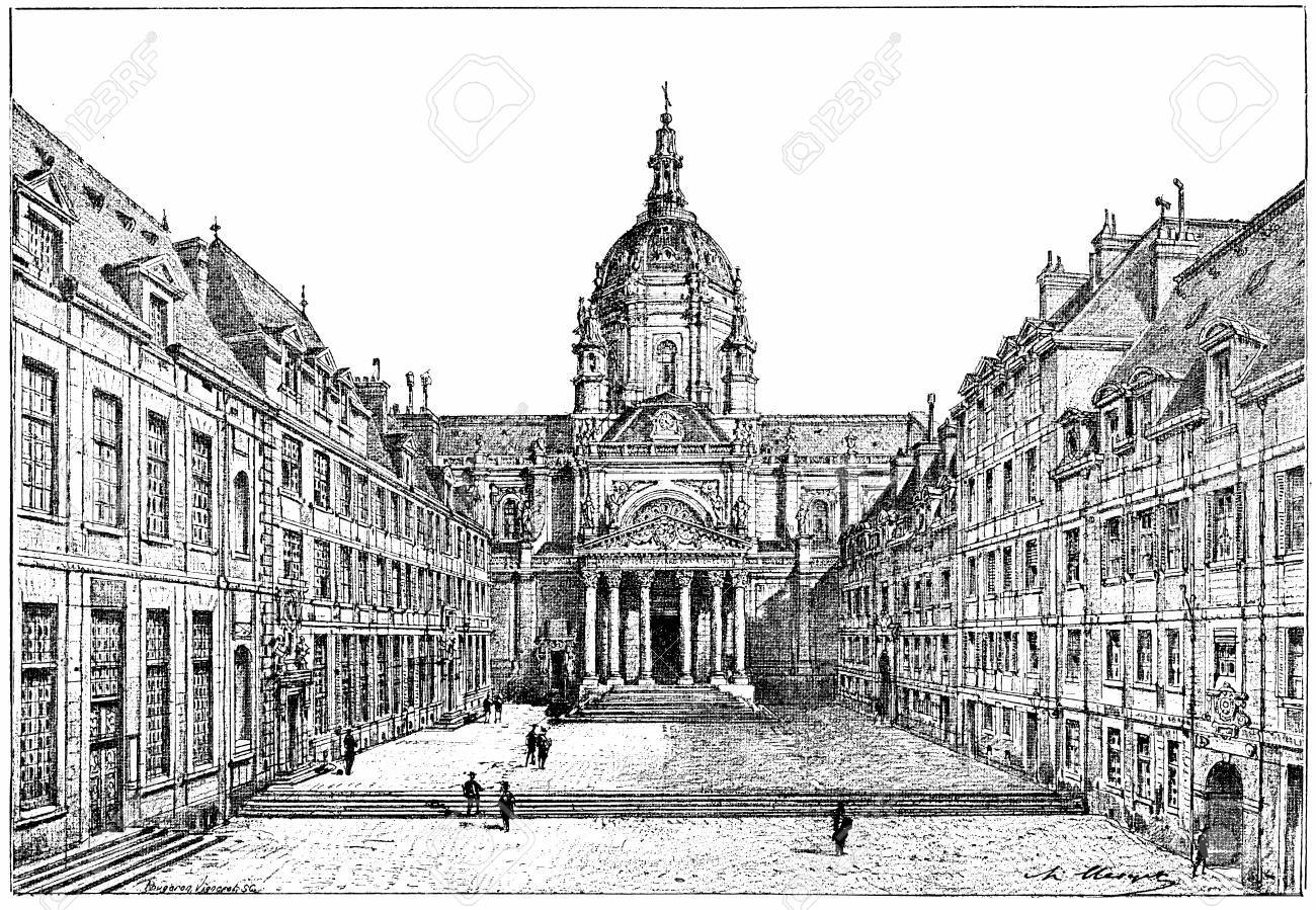 The courtyard of the Sorbonne, vintage engraved illustration. Paris - Auguste VITU – 1890.
