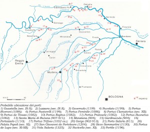 Sec.IX-XII ricostruzione con ubicazione dei porti fluviali. Di M. Calzolari.