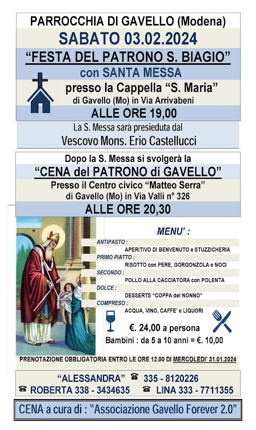 Sabato 3 Febbraio a Gavello Festa del Patrono e Cena AL BARNARDON